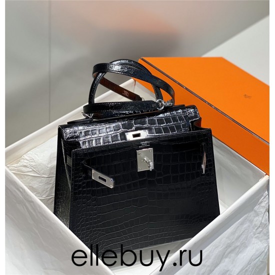 Hermes Hermès Kelly 28 Crocodile Skin Pattern Lambskin Inside Black Silver Hardware Hand-Stitched