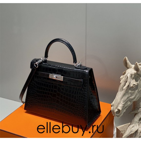 Hermes Hermès Kelly 28 Crocodile Skin Pattern Lambskin Inside Black Silver Hardware Hand-Stitched