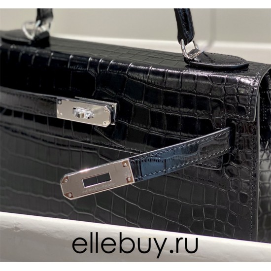 Hermes Hermès Kelly 28 Crocodile Skin Pattern Lambskin Inside Black Silver Hardware Hand-Stitched