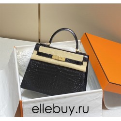 Hermes Hermès Kelly 25 Crocodile Skin Pattern Lambskin Inside Black Gold Hardware Hand-Stitched