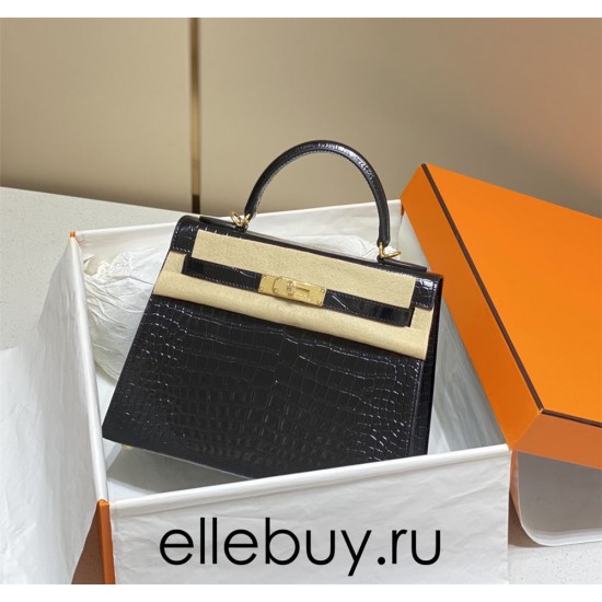 Hermes Hermès Kelly 25 Crocodile Skin Pattern Lambskin Inside Black Gold Hardware Hand-Stitched