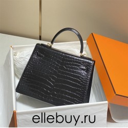 Hermes Hermès Kelly 25 Crocodile Skin Pattern Lambskin Inside Black Gold Hardware Hand-Stitched