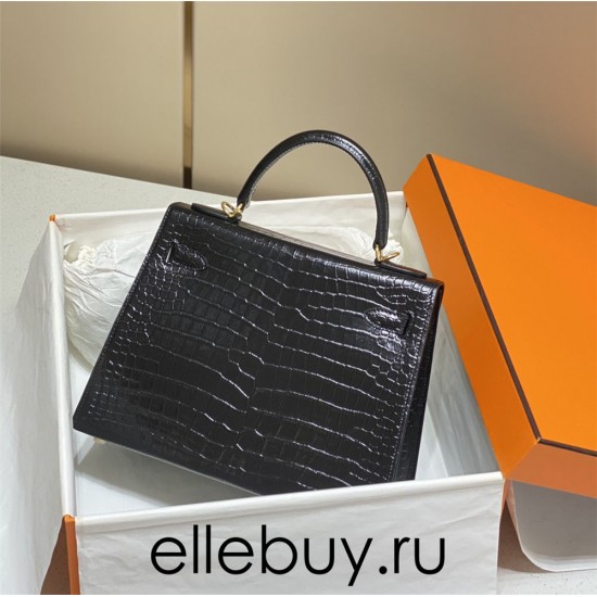 Hermes Hermès Kelly 25 Crocodile Skin Pattern Lambskin Inside Black Gold Hardware Hand-Stitched