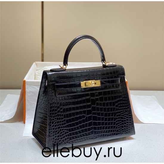 Hermes Hermès Kelly 25 Crocodile Skin Pattern Lambskin Inside Black Gold Hardware Hand-Stitched