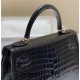 Hermes Hermès Kelly 25 Crocodile Skin Pattern Lambskin Inside Black Gold Hardware Hand-Stitched