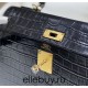 Hermes Hermès Kelly 25 Crocodile Skin Pattern Lambskin Inside Black Gold Hardware Hand-Stitched