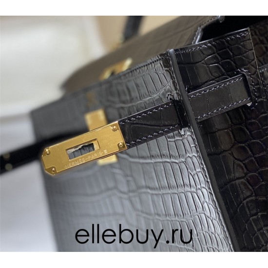 Hermes Hermès Kelly 25 Crocodile Skin Pattern Lambskin Inside Black Gold Hardware Hand-Stitched