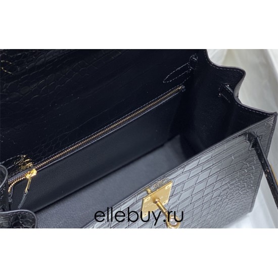 Hermes Hermès Kelly 25 Crocodile Skin Pattern Lambskin Inside Black Gold Hardware Hand-Stitched