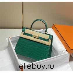 Hermes Hermès Kelly 25 Crocodile Skin Pattern Lambskin Inside Green Gold Hardware Hand-Stitched