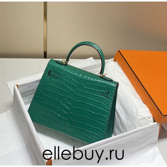 Hermes Hermès Kelly 25 Crocodile Skin Pattern Lambskin Inside Green Gold Hardware Hand-Stitched