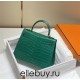 Hermes Hermès Kelly 25 Crocodile Skin Pattern Lambskin Inside Green Gold Hardware Hand-Stitched