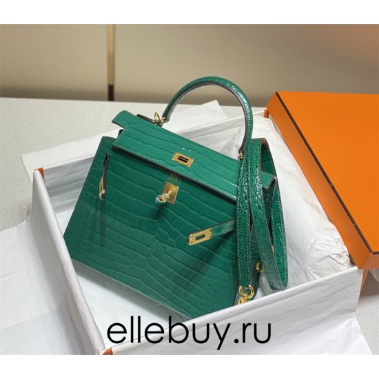 Hermes Hermès Kelly 25 Crocodile Skin Pattern Lambskin Inside Green Gold Hardware Hand-Stitched