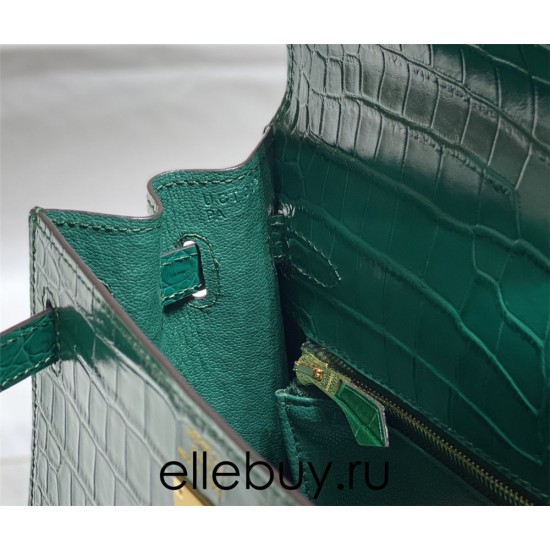 Hermes Hermès Kelly 25 Crocodile Skin Pattern Lambskin Inside Green Gold Hardware Hand-Stitched