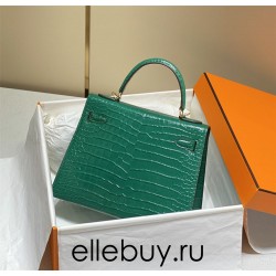 Hermes Hermès Kelly 28 Crocodile Skin Pattern Lambskin Inside Green Gold Hardware Hand-Stitched