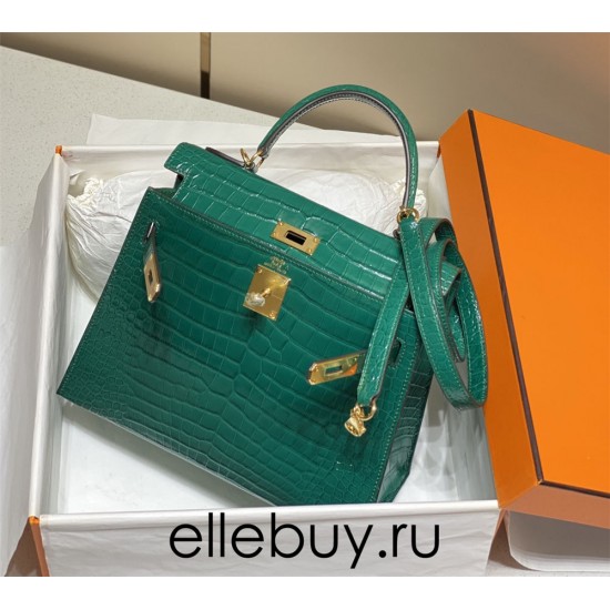 Hermes Hermès Kelly 28 Crocodile Skin Pattern Lambskin Inside Green Gold Hardware Hand-Stitched