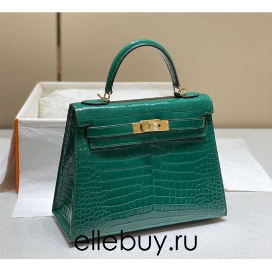 Hermes Hermès Kelly 28 Crocodile Skin Pattern Lambskin Inside Green Gold Hardware Hand-Stitched