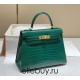 Hermes Hermès Kelly 28 Crocodile Skin Pattern Lambskin Inside Green Gold Hardware Hand-Stitched