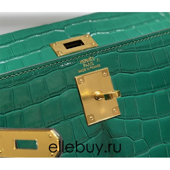 Hermes Hermès Kelly 28 Crocodile Skin Pattern Lambskin Inside Green Gold Hardware Hand-Stitched