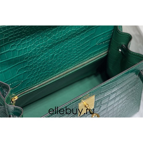 Hermes Hermès Kelly 28 Crocodile Skin Pattern Lambskin Inside Green Gold Hardware Hand-Stitched