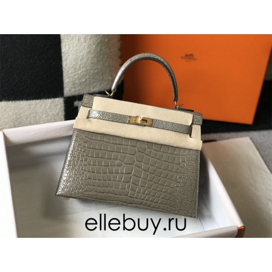 Hermes Hermès Kelly 25 Crocodile Skin Pattern Lambskin Inside Grey Gold Hardware Hand-Stitched