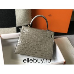 Hermes Hermès Kelly 25 Crocodile Skin Pattern Lambskin Inside Grey Gold Hardware Hand-Stitched