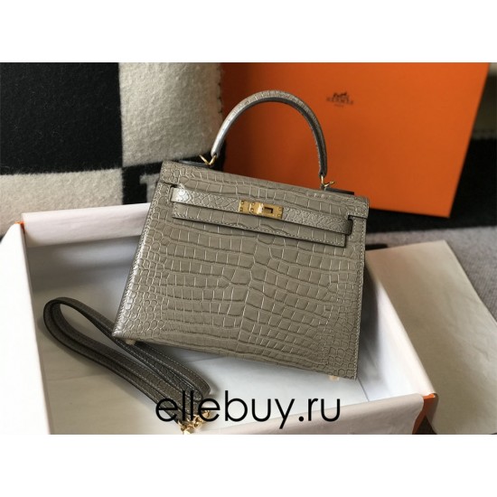 Hermes Hermès Kelly 25 Crocodile Skin Pattern Lambskin Inside Grey Gold Hardware Hand-Stitched