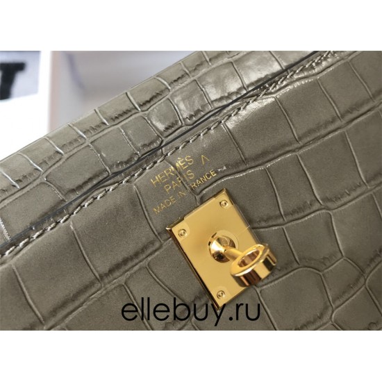 Hermes Hermès Kelly 25 Crocodile Skin Pattern Lambskin Inside Grey Gold Hardware Hand-Stitched