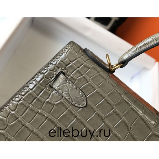 Hermes Hermès Kelly 25 Crocodile Skin Pattern Lambskin Inside Grey Gold Hardware Hand-Stitched