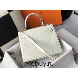 Hermes Hermès Kelly 25 Crocodile Skin Pattern Lambskin Inside White Gold Hardware Hand-Stitched