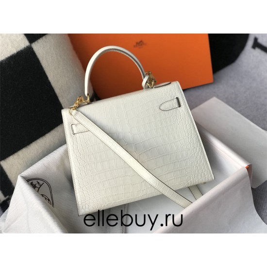 Hermes Hermès Kelly 25 Crocodile Skin Pattern Lambskin Inside White Gold Hardware Hand-Stitched