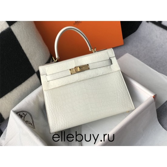 Hermes Hermès Kelly 25 Crocodile Skin Pattern Lambskin Inside White Gold Hardware Hand-Stitched