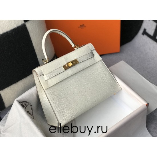 Hermes Hermès Kelly 25 Crocodile Skin Pattern Lambskin Inside White Gold Hardware Hand-Stitched