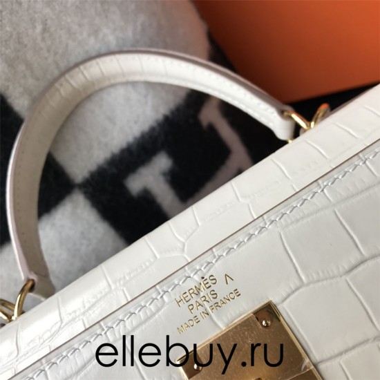 Hermes Hermès Kelly 25 Crocodile Skin Pattern Lambskin Inside White Gold Hardware Hand-Stitched