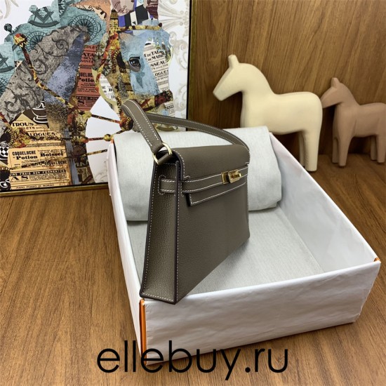 Hermes Hermès Kelly Elan 27 Goat Skin Dark Grey Gold Hardware Hand-Stitched