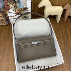 Hermes Hermès Kelly Elan 27 Goat Skin Dark Grey Silver Hardware Hand-Stitched