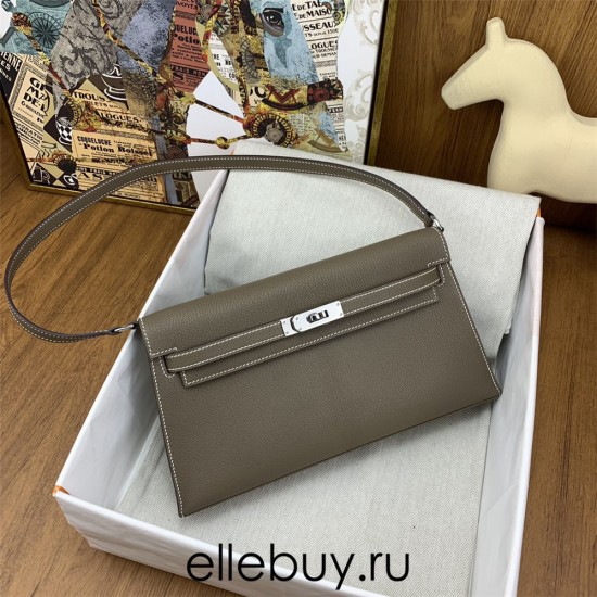 Hermes Hermès Kelly Elan 27 Goat Skin Dark Grey Silver Hardware Hand-Stitched