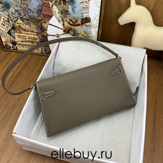 Hermes Hermès Kelly Elan 27 Goat Skin Dark Grey Silver Hardware Hand-Stitched