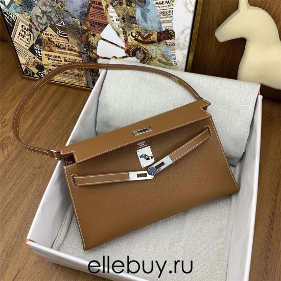 Hermes Hermès Kelly Elan 27 Goat Skin Brown Silver Hardware Hand-Stitched