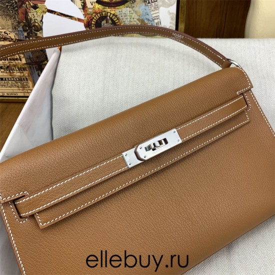 Hermes Hermès Kelly Elan 27 Goat Skin Brown Silver Hardware Hand-Stitched