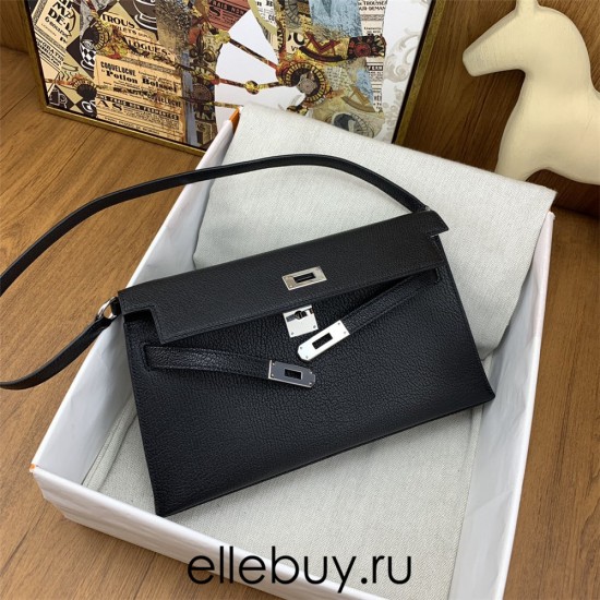 Hermes Hermès Kelly Elan 27 Goat Skin Black Silver Hardware Hand-Stitched