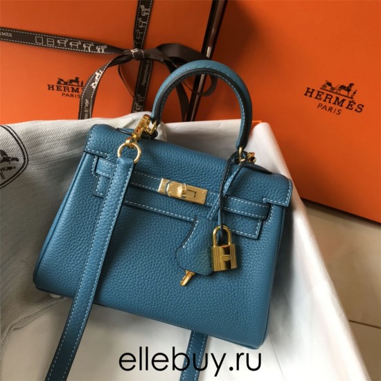 Hermes Hermès Mini Kelly 20 Togo Blue Gold Hardware Hand-Stitched