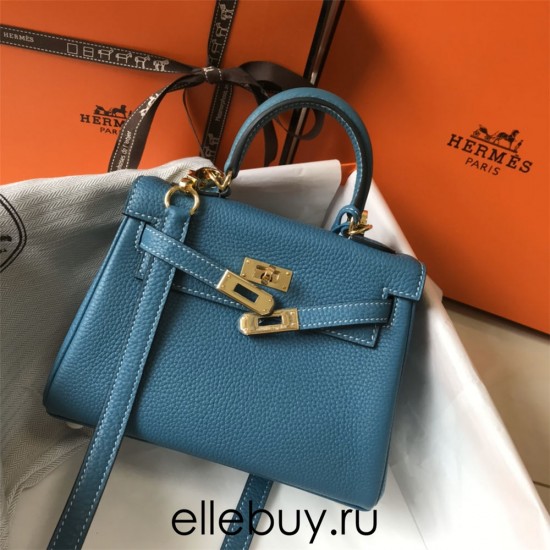 Hermes Hermès Mini Kelly 20 Togo Blue Gold Hardware Hand-Stitched