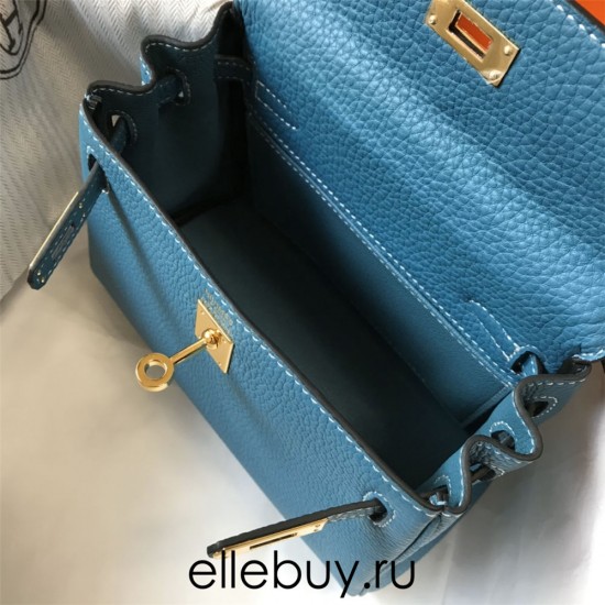 Hermes Hermès Mini Kelly 20 Togo Blue Gold Hardware Hand-Stitched