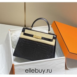 Hermes Hermès Kelly 25 Crocodile Skin Pattern Gold Hardware Black Hand-Stitched