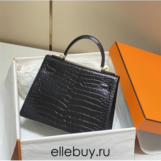 Hermes Hermès Kelly 25 Crocodile Skin Pattern Gold Hardware Black Hand-Stitched