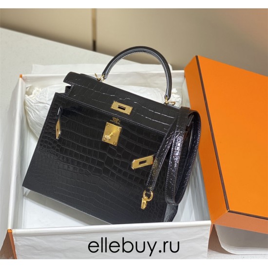 Hermes Hermès Kelly 25 Crocodile Skin Pattern Gold Hardware Black Hand-Stitched