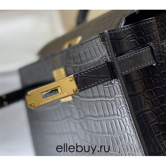 Hermes Hermès Kelly 25 Crocodile Skin Pattern Gold Hardware Black Hand-Stitched