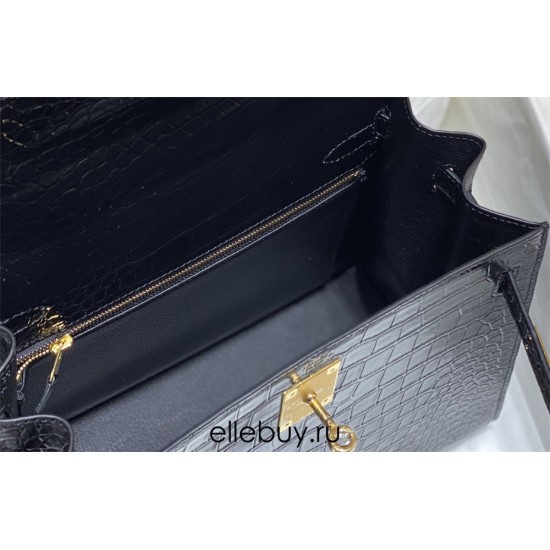 Hermes Hermès Kelly 25 Crocodile Skin Pattern Gold Hardware Black Hand-Stitched