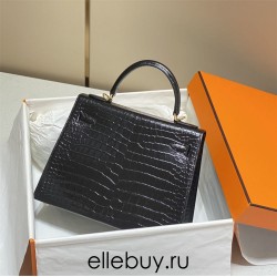 Hermes Hermès Kelly 28 Crocodile Skin Pattern Gold Hardware Black Hand-Stitched