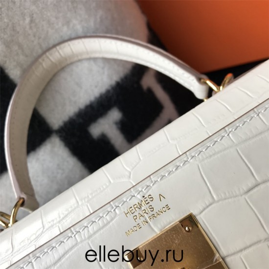 Hermes Hermès Kelly 25 Crocodile Skin Pattern Gold Hardware White Hand-Stitched